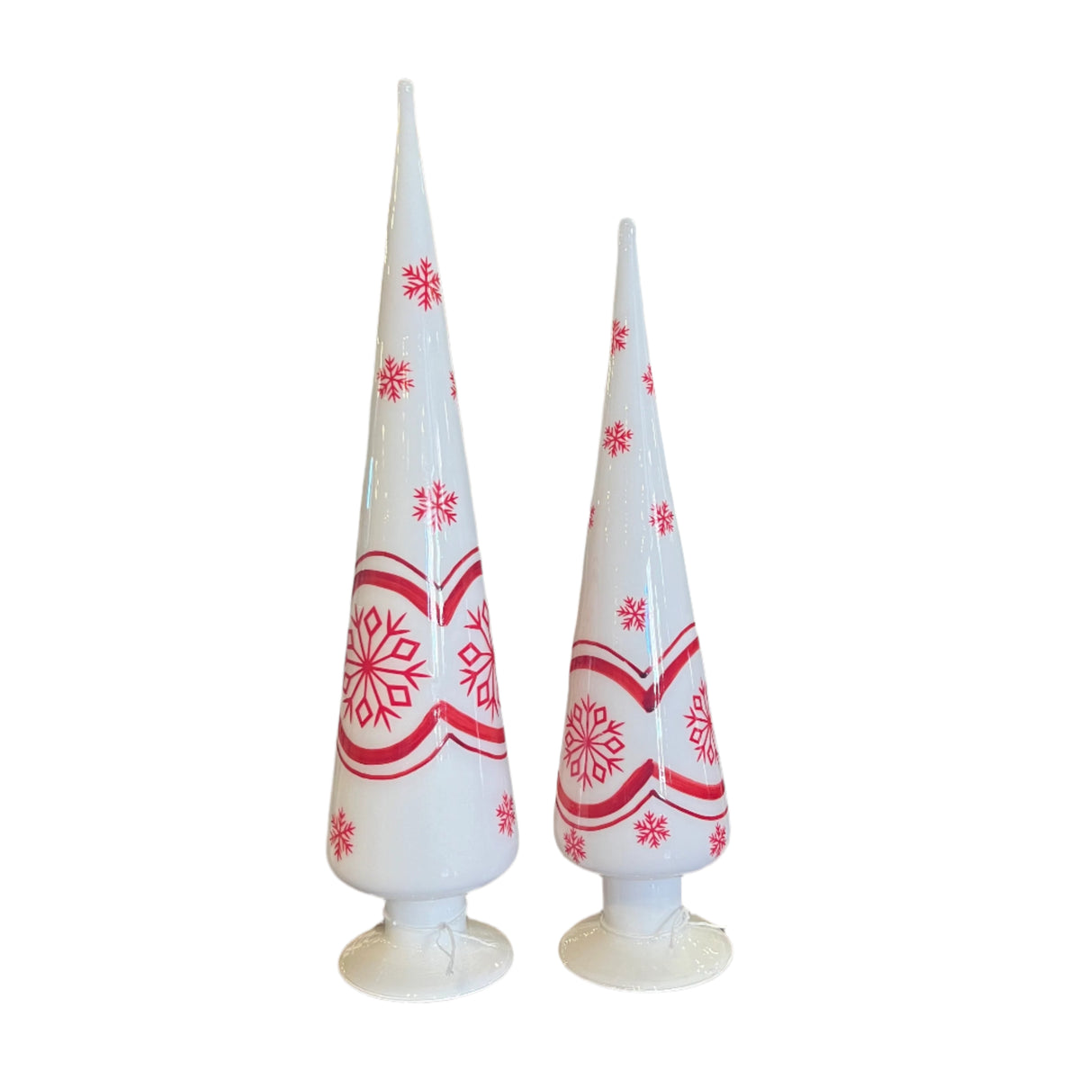 Red & White Glass Cone Finial with Snowflakes (Set of 2)