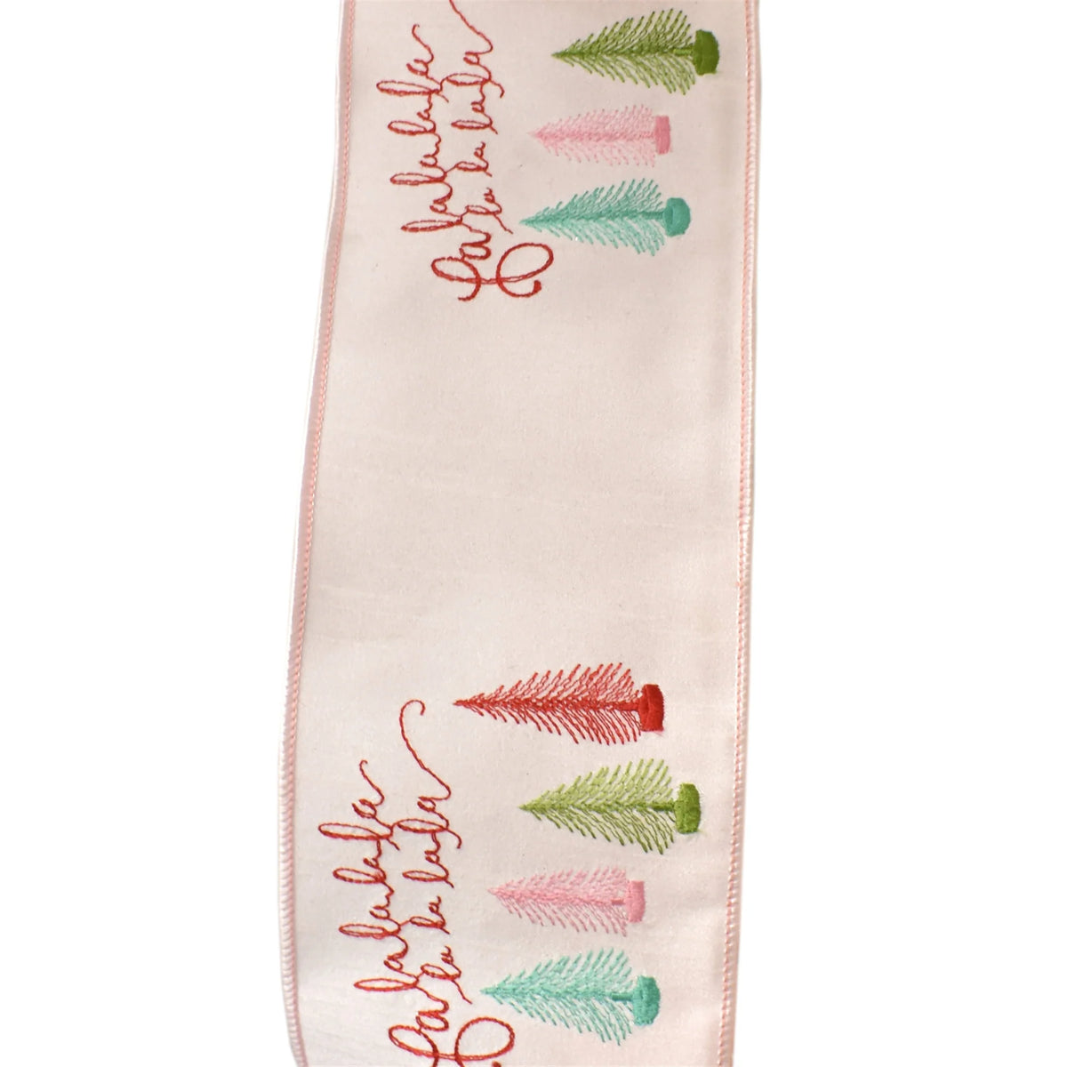 Pink "Fa La La" Tree Embroidered Ribbon