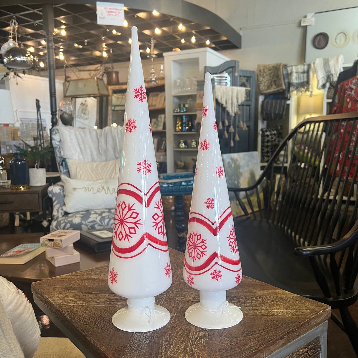 Red & White Glass Cone Finial w/ Snowflakes S/2