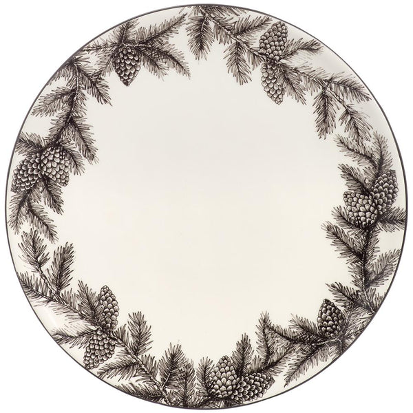 Round plate with black pine branch and pine cone design on a white background