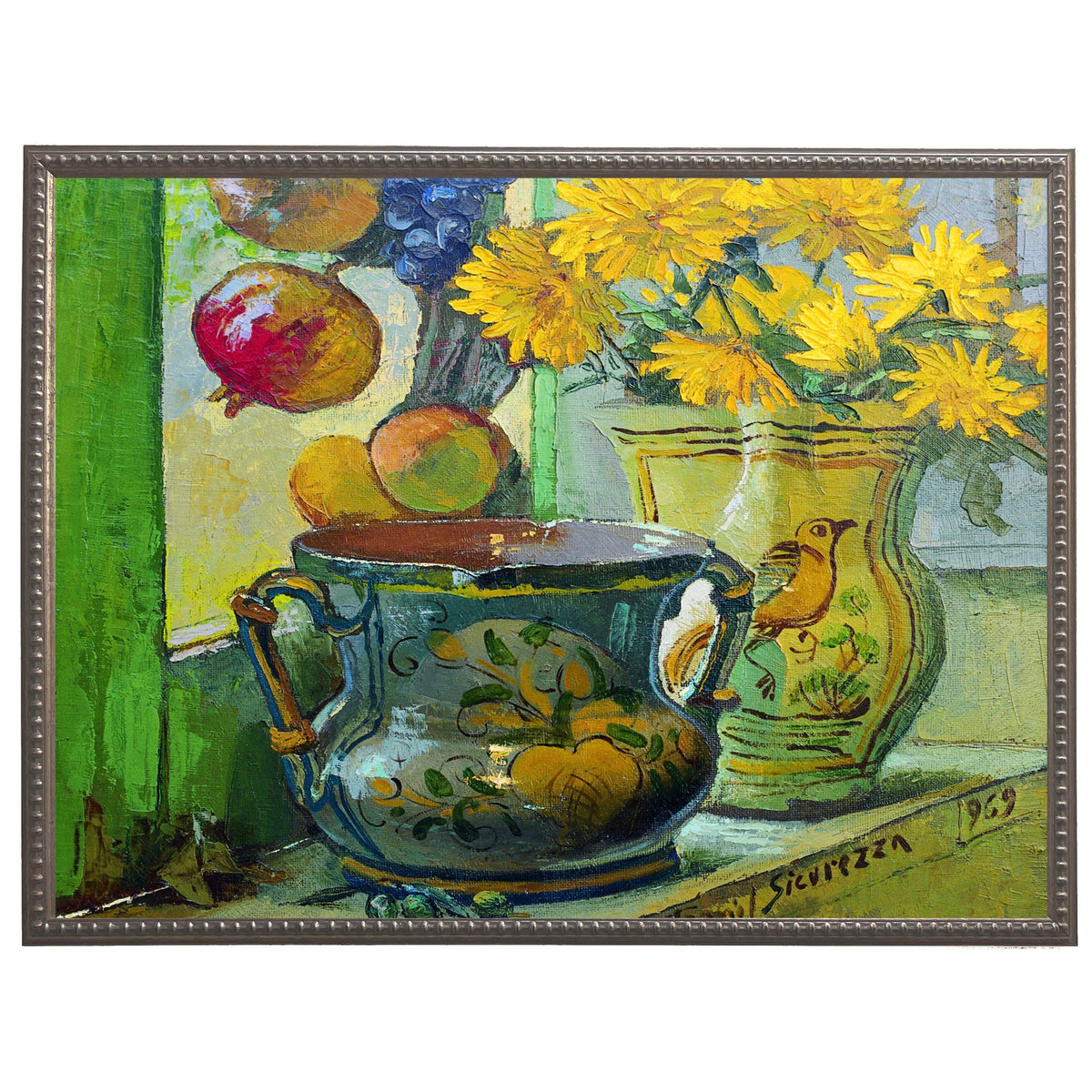 A bright painting reproduction of Antonio Sicurezza's Still Life with Pitchers that features green and yellow pitchers with flowers and fruit.