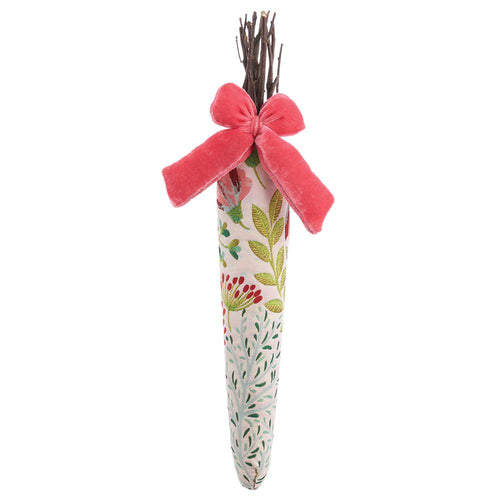 Decorative fabric carrot with floral pattern and pink bow on a white background