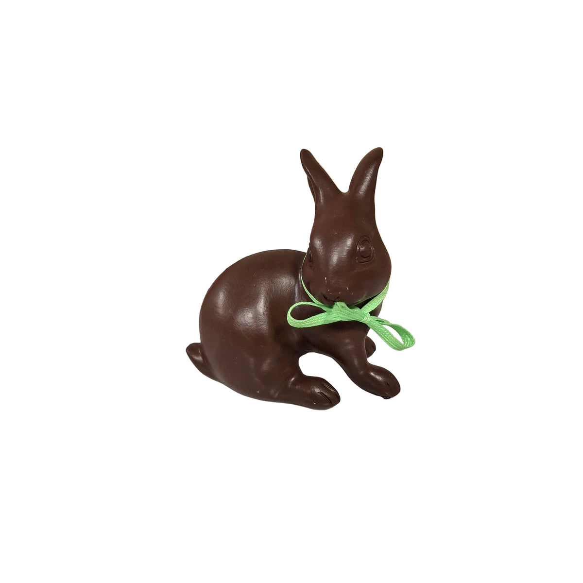 Chocolate brown bunny-shaped figure with a green ribbon