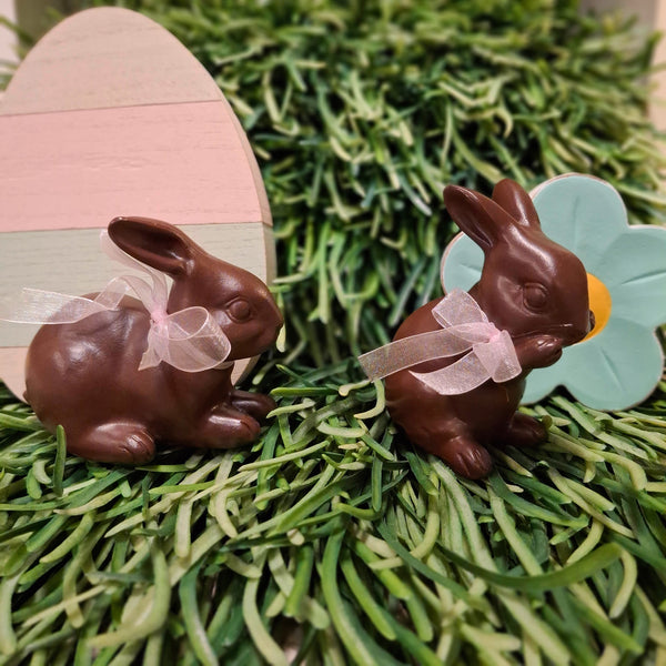 Polyresin Chocolate Easter Bunnies with Pink Bow