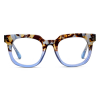 Tortoiseshell glasses with blue accents on a white background