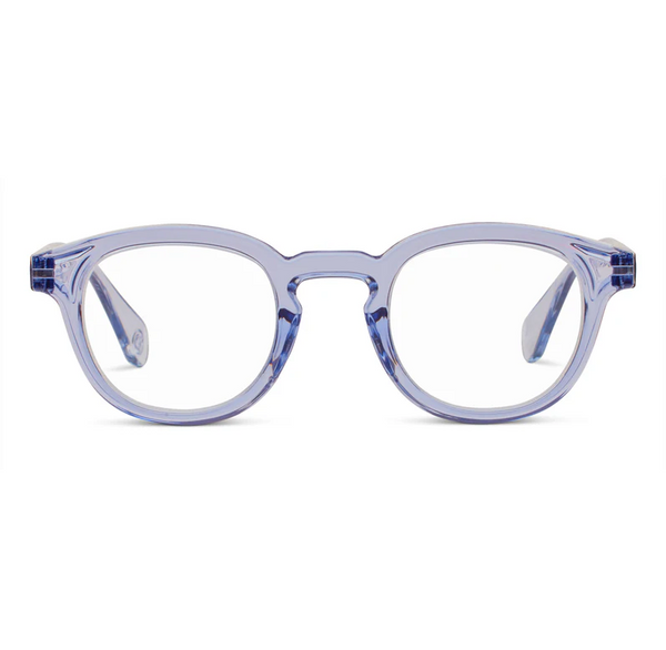 Clear blue eyeglasses on a white background