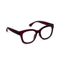 Maroon eyeglasses on a white background