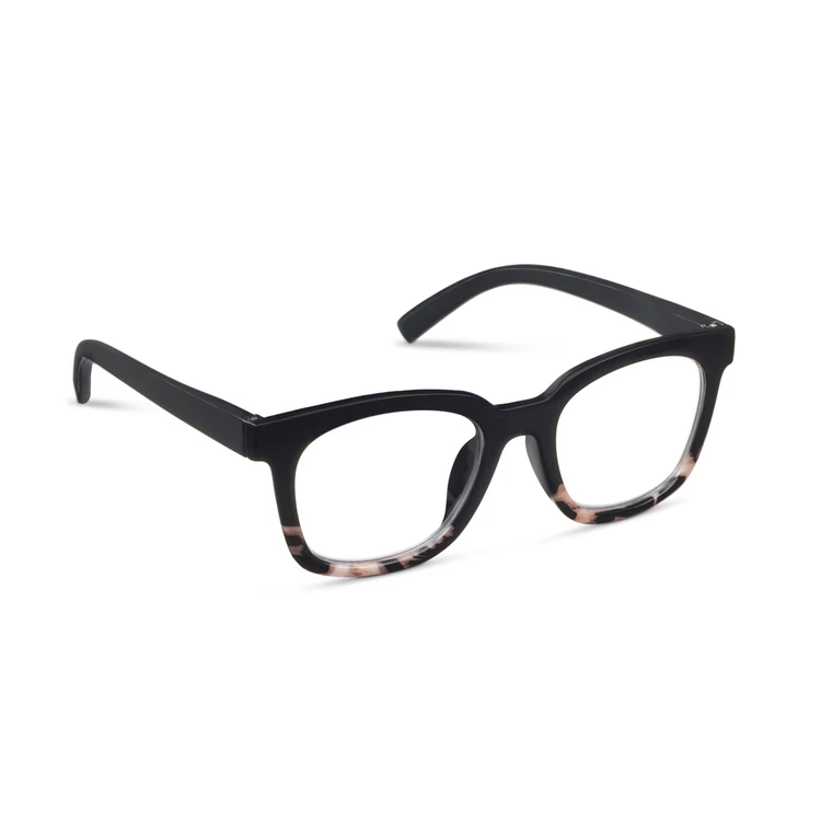 Black eyeglasses with marbled accents on a white background