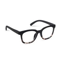 Black eyeglasses with marbled accents on a white background