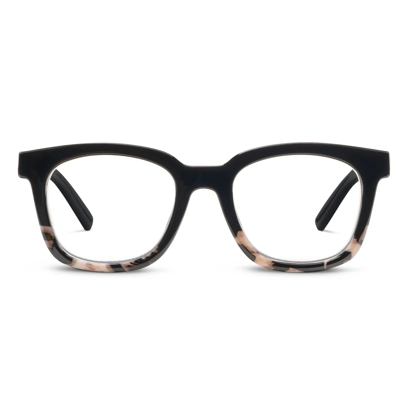 Black eyeglasses with tortoiseshell accents on a white background