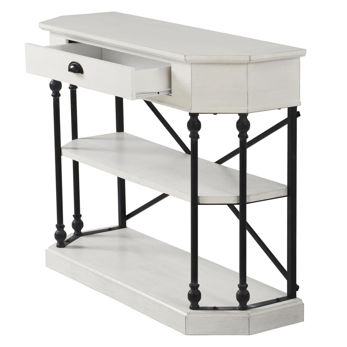 White 3-Tier Single Drawer Clipped Corner Console Table