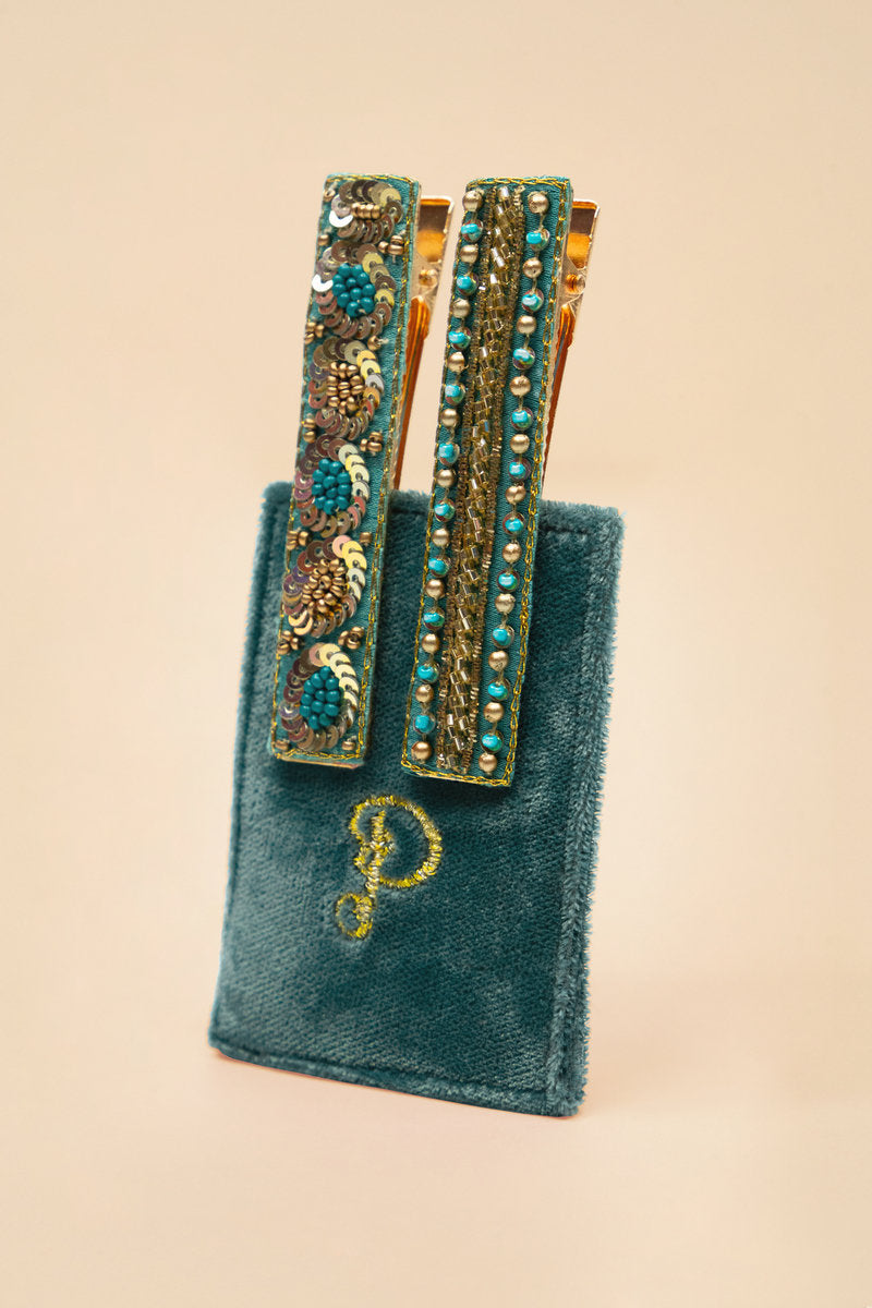 Powder Design Narrow Bar Jeweled Hair Clip- Teal Ovals & Bead