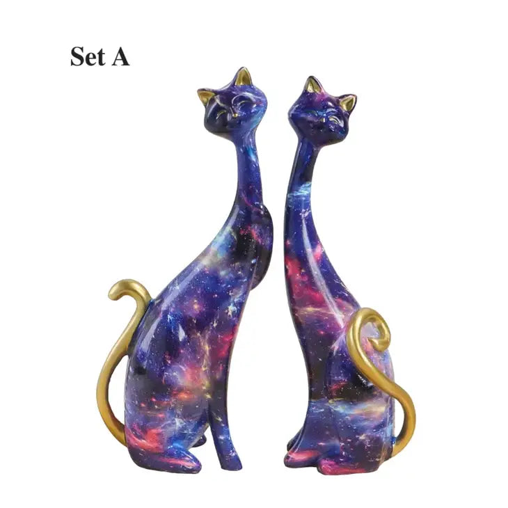 Resin Hand-Painted Galaxy Graffiti Mid-Century Cat Statue S/2