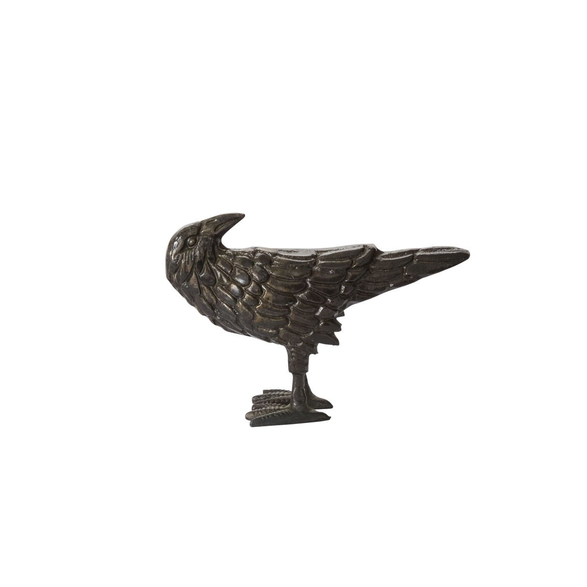 Bronze raven sculpture on a white background
