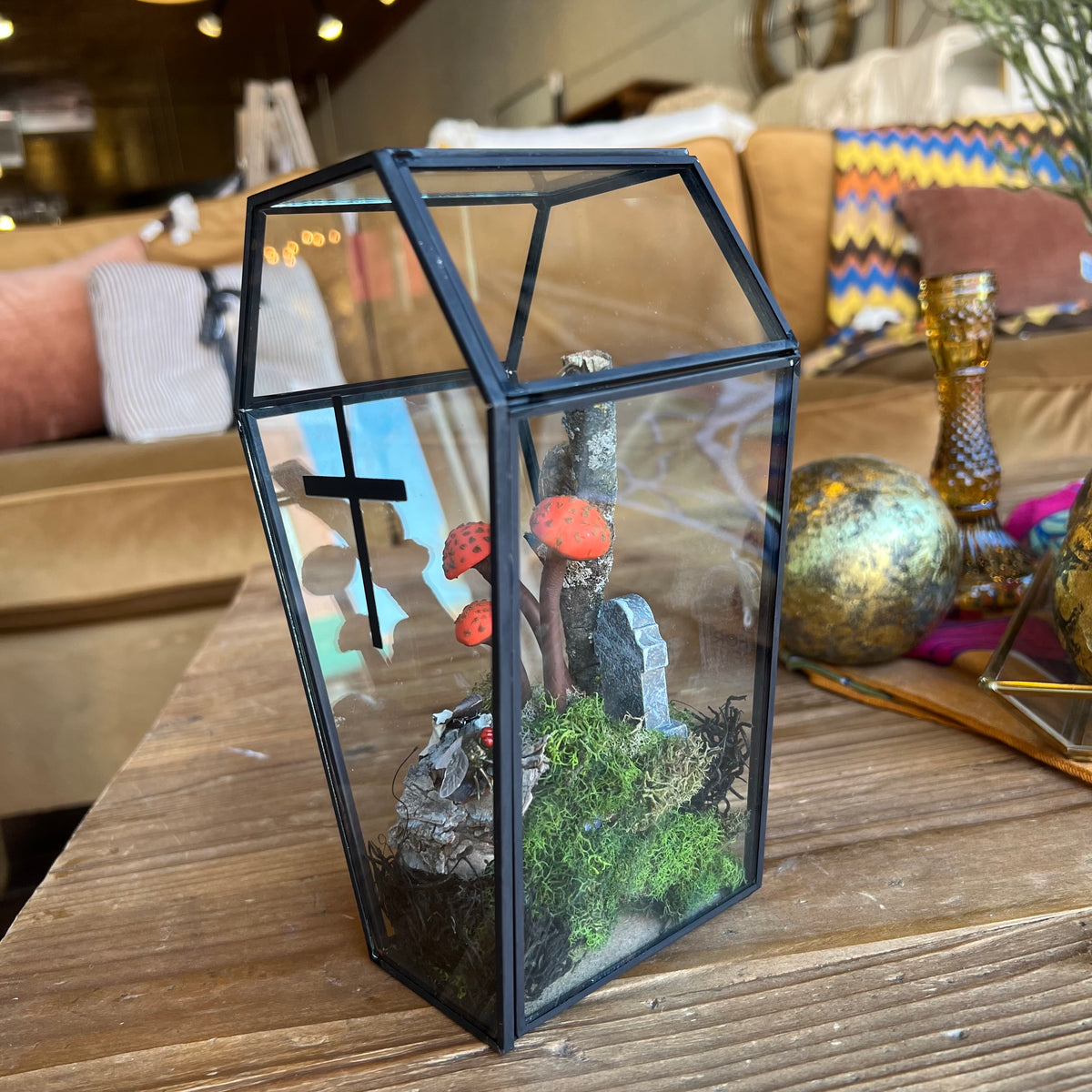 Handmade Ecoclay Mushroom Terrarium in Glass Coffin