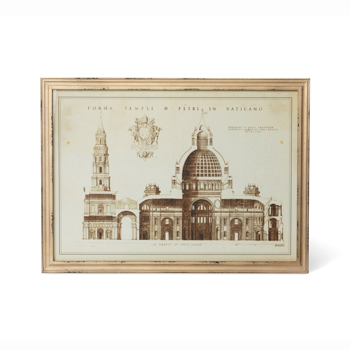 Architectural Drawing of Vatican w/ Antiqued Gold Wood Frame