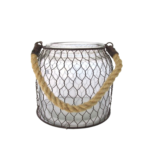 Glass Jar with Metal Wire and Rope Handle