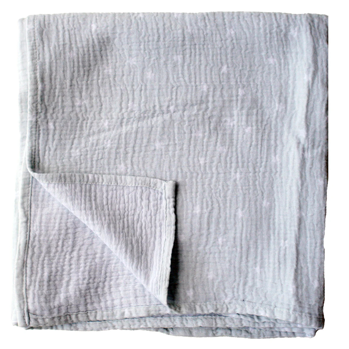 Folded gray swaddle blanket with tiny white stars on a white background