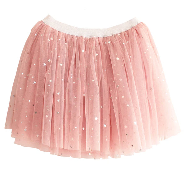Pink tulle skirt with star patterns on a white background