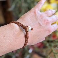 Braided Leather Bracelet with Pearl Bead Closure