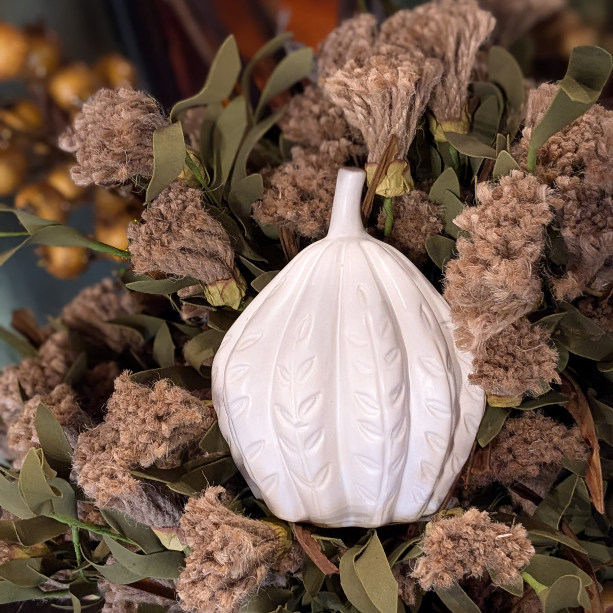 Leaf Imprinted White Glazed Ceramic Pumpkin