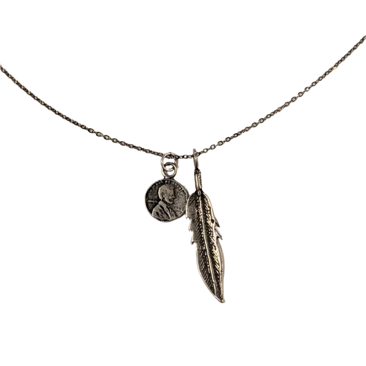 Sterling Silver Petite Penny From Heaven Necklace with Sterling Feather Charm