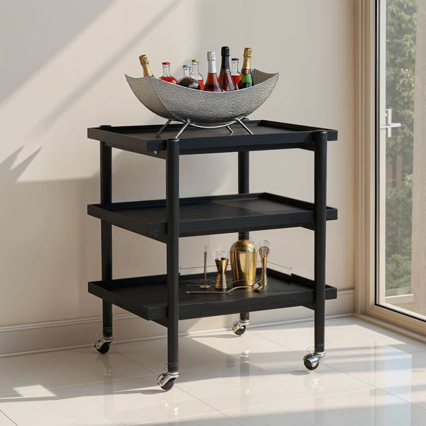 Rubberwood 3-Tier Bar Cart on Casters with Removable Tray/Shelf