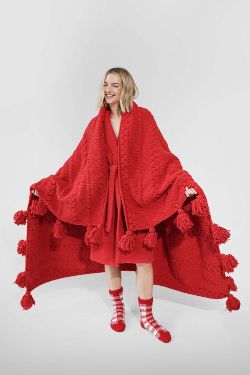 Rouge Braided Pom Pom Throw, Sunday Citizen