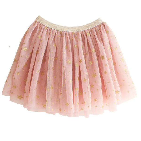 Pink tulle skirt with gold star pattern on a white background