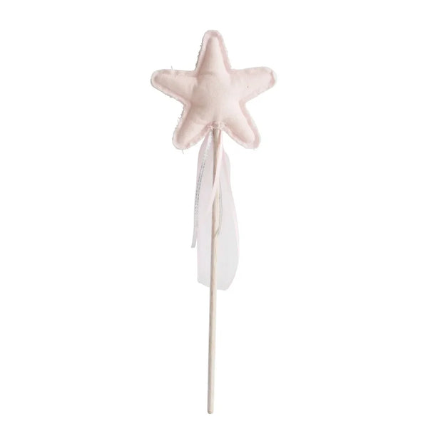 Child's toy wand with a fabric star at the top on a white background.