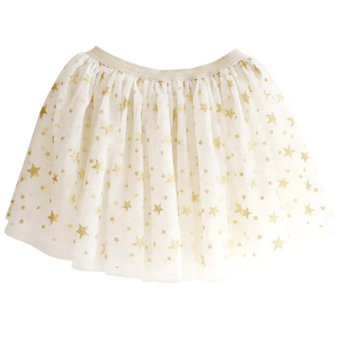 A white tulle tutu skirt with a gold star pattern, featuring a gathered waistband, shown against a plain white background.