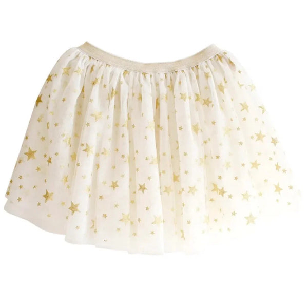 A white tulle tutu skirt with a gold star pattern, featuring a gathered waistband, shown against a plain white background.