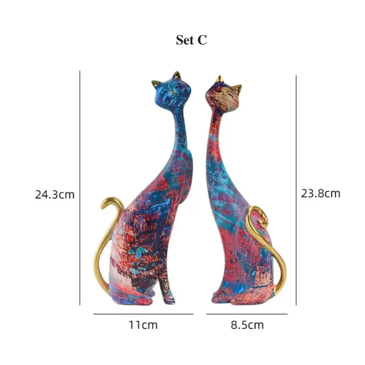 Resin Hand-Painted Graffiti Mid-Century Cat Statue S/2