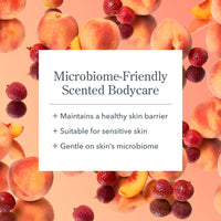 Product graphic for microbiome-friendly scented bodycare with peaches and raspberries on a peach background.