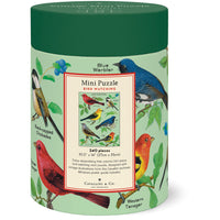 Cylindrical packaging for 240 piece jigsaw puzzle with bird illustrations on a light green background
