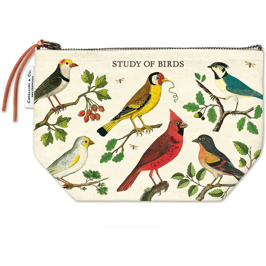 Pouch with bird illustrations and 'Study of Birds' text on a white background