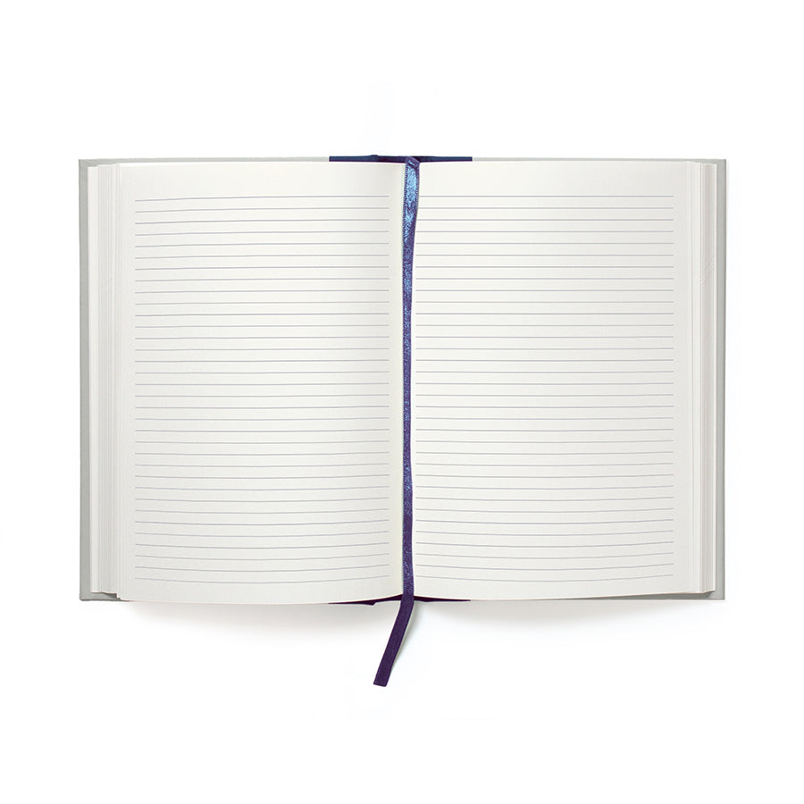 Open notebook with lined pages and blue ribbon bookmark on a white background