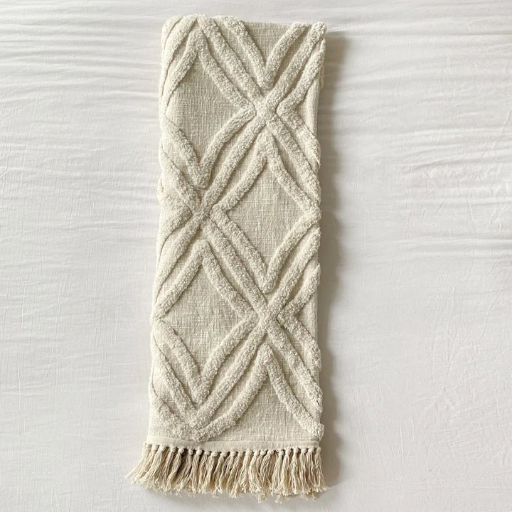 Patina Vie Chunky Diamond Tufted Throw Blanket w/ Knotted Fringe- Alabaster