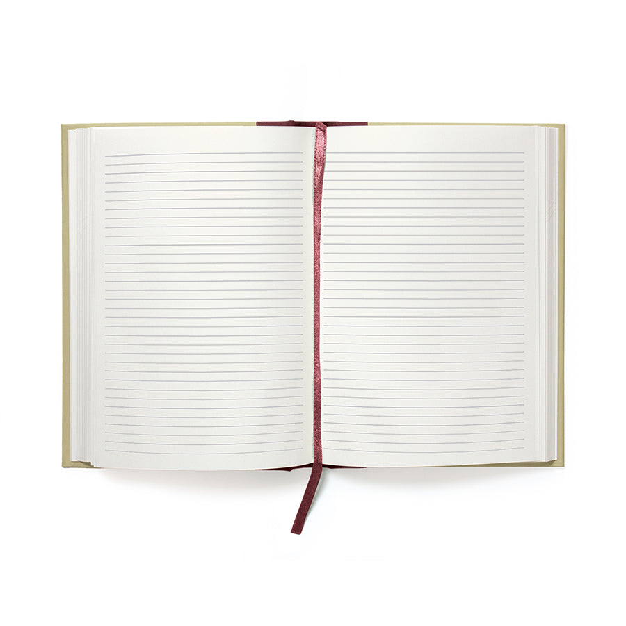 Open notebook with lined pages and a red ribbon bookmark on a white background