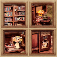 Four wooden panels each depicting a different scene with books, a clock, flowers, and a cat.