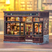 Model of a corner coffee shop with detailed interior and exterior.
