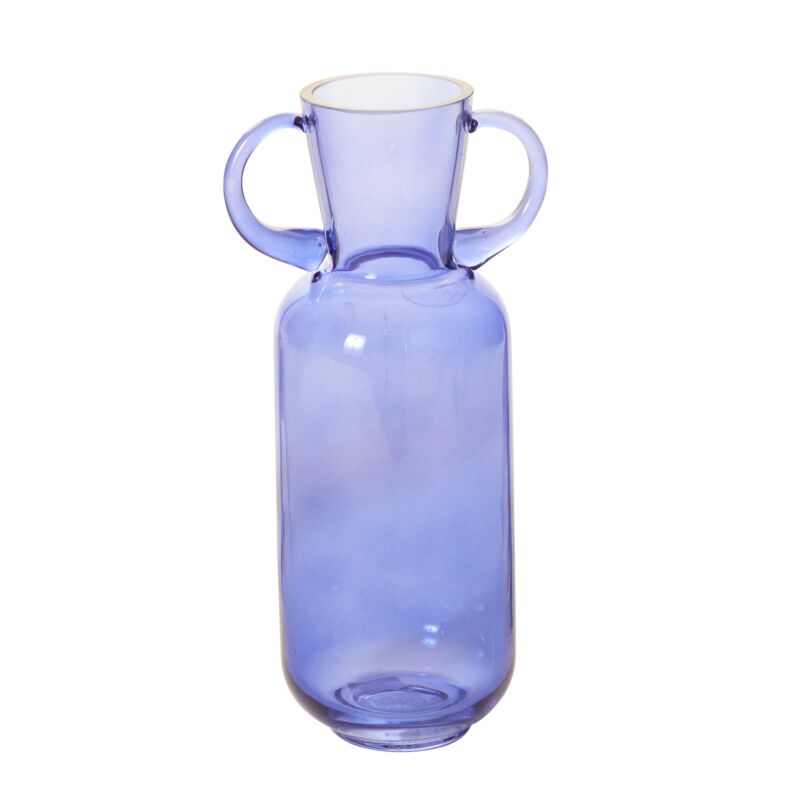 A handmade light purple glass Denia vase with handles on the neck and a smooth, circular opening.