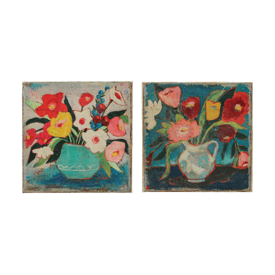 Square Canvas & Wood Flowers in Vase Wall Hanging