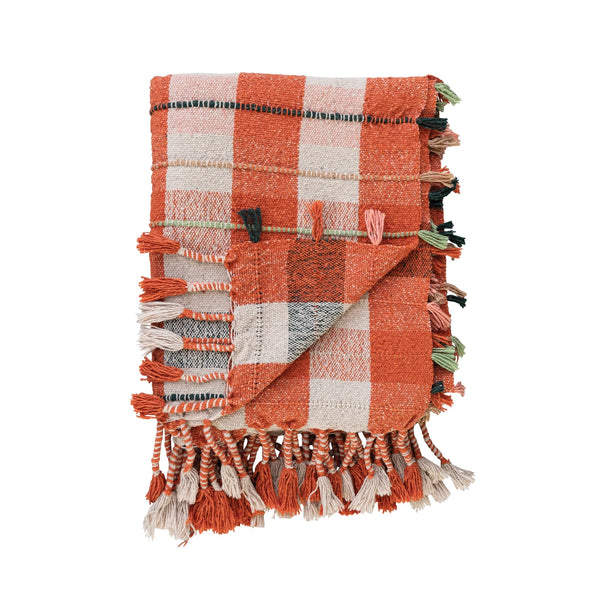 Recycled Cotton Blend Woven Plaid Throw Blanket with Braided Fringe