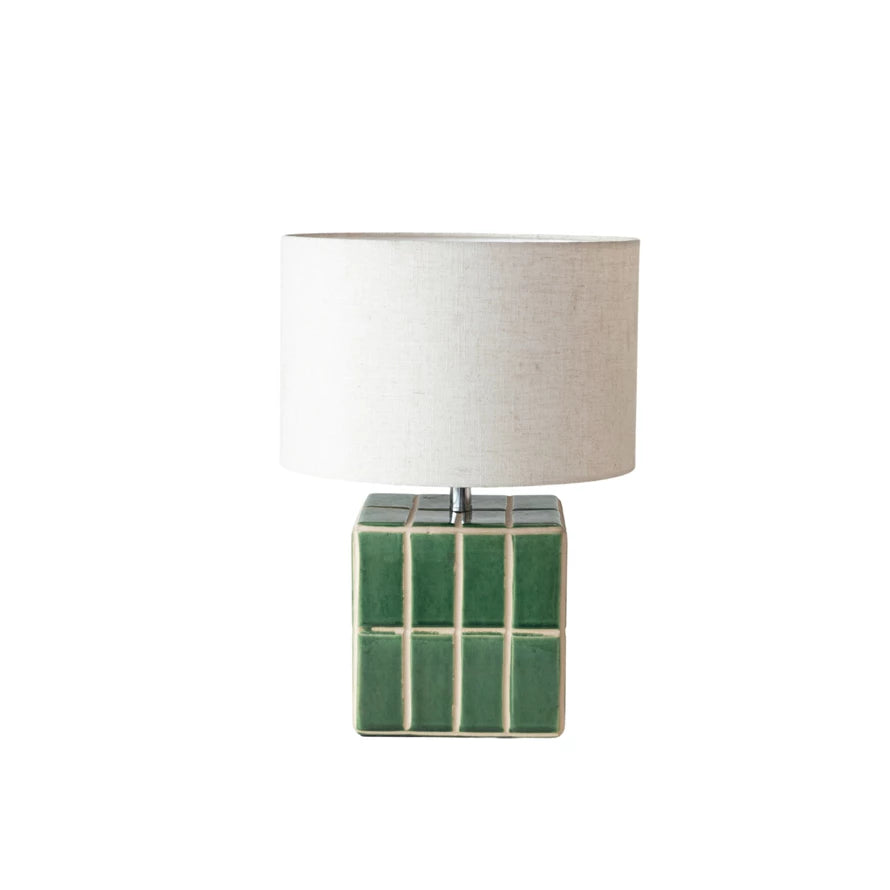 Green Ceramic Tiled Lamp with Linen Shade