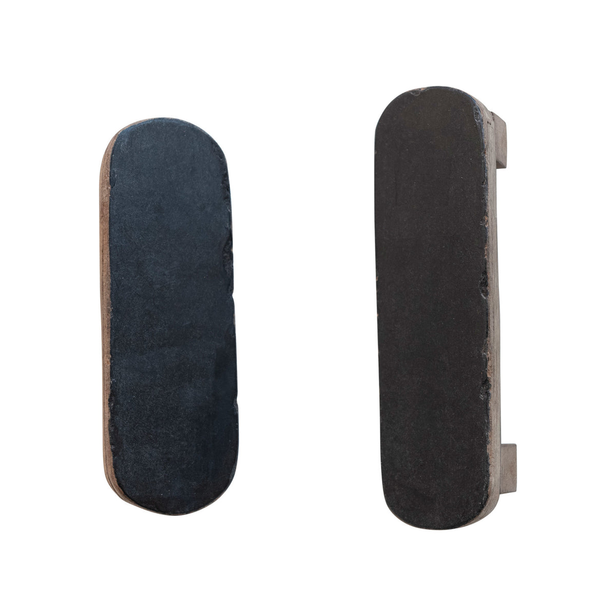 Two black found wood chalkboard signs on a white background