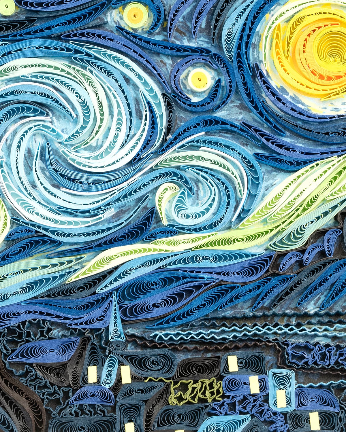 Quilled artwork inspired by 'Starry Night' with swirling patterns and bright colors.