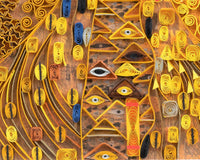 Close up of quilled greeting card resembling Klimt's 'Lady in Gold'