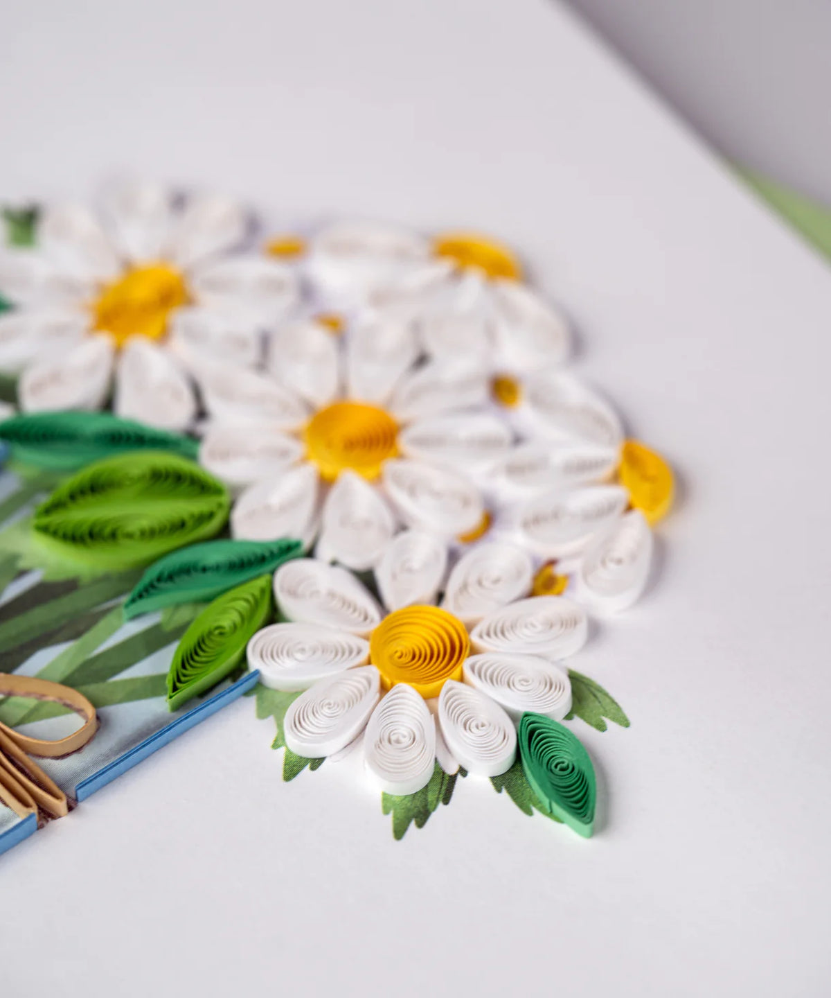 Quilled daisies on a greeting card on a white surface