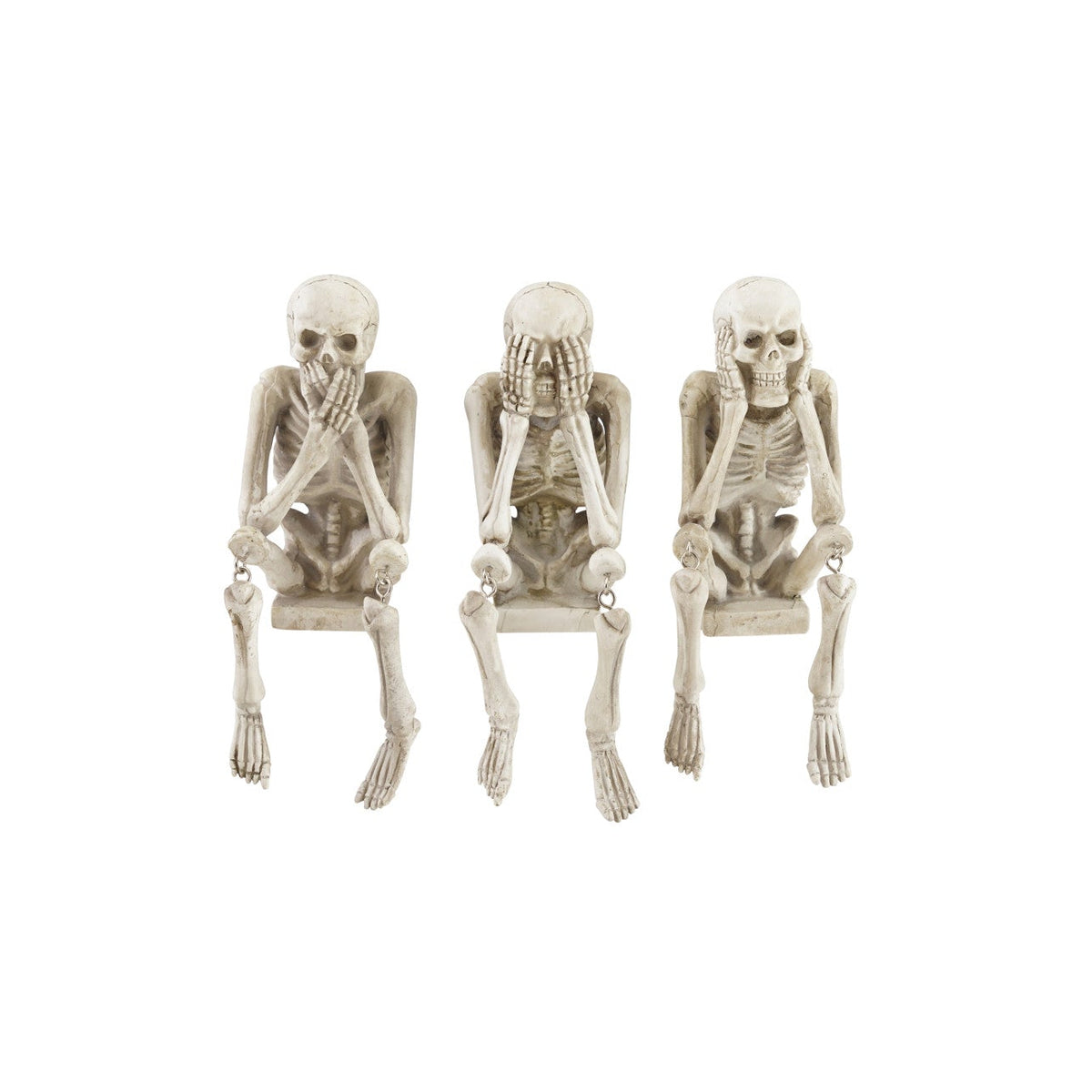 Three decorative skeleton shelf sitters doing the 'speak, see, hear no evil' poses on a white background.